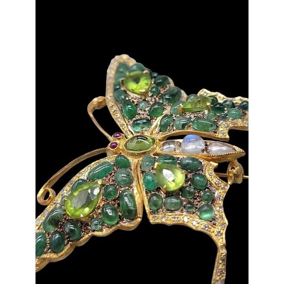 Diamond Emerald Peridot Gilded Brooch Pendant 585 Bail 24k Gold Plated Sterling - Picture 13 of 16